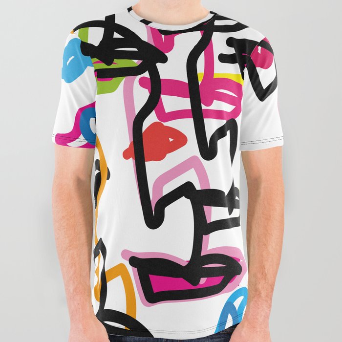 Colorful Abstract Faces All Over Graphic Tee