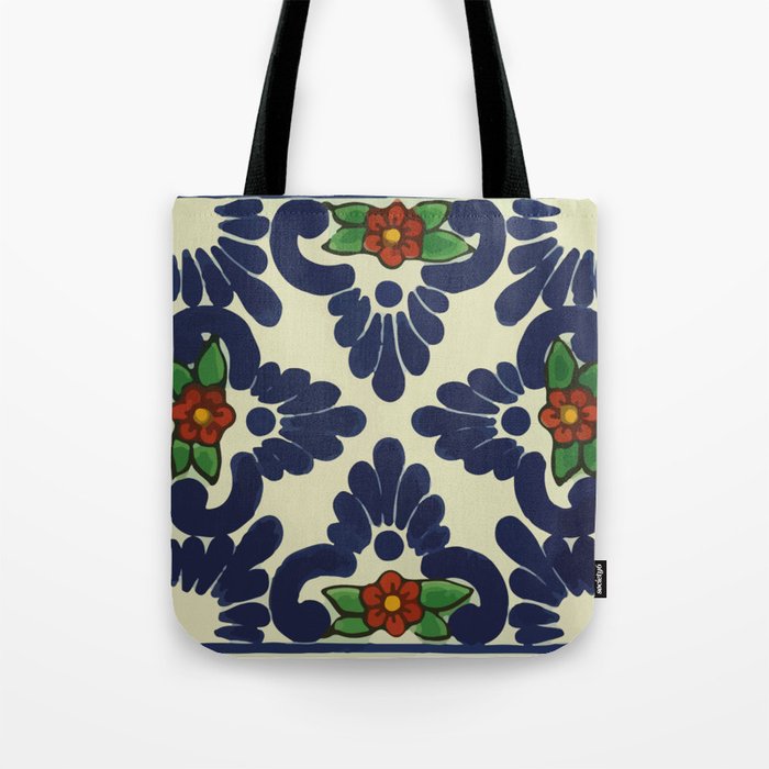Dainty red flowers rustic hand painted mexican decoraion talavera tile  Tote Bag