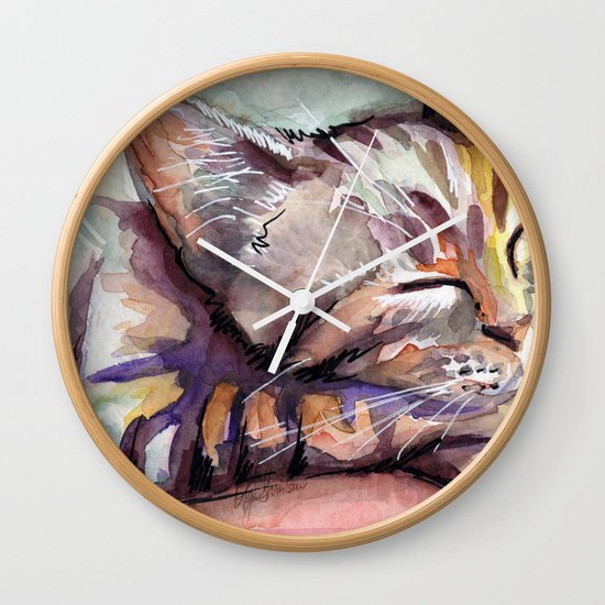 Sleeping Kitten Watercolor Cat Whimsical Cats Wall Clock