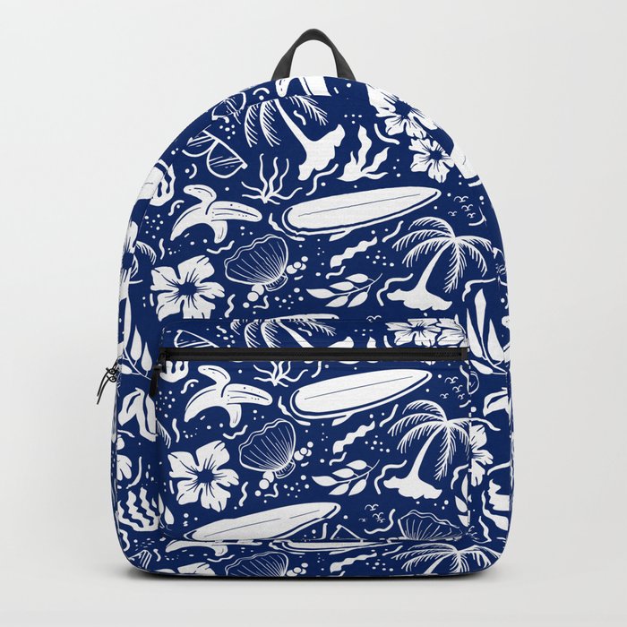 Blue and White Surfing Summer Beach Objects Seamless Pattern Backpack