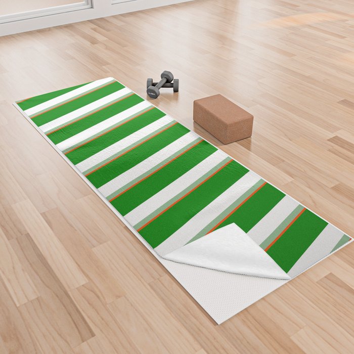 Red, Dark Sea Green, White, and Green Colored Stripes/Lines Pattern Yoga Towel