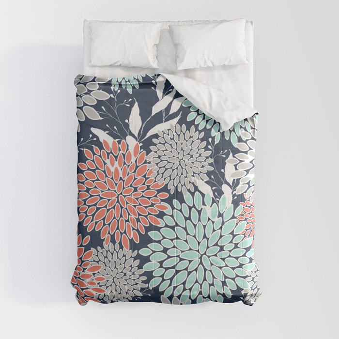 Floral Prints and Leaves, Navy, Aqua Coral and Gray Comforter