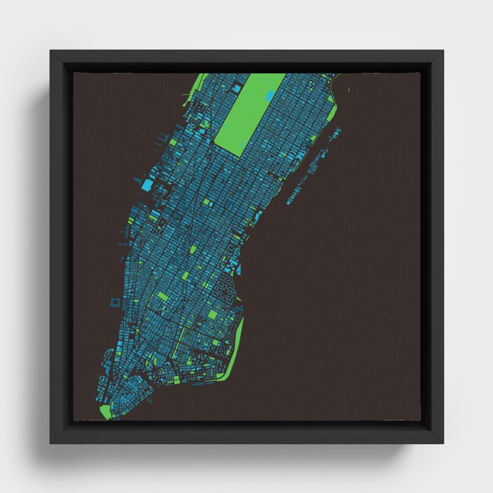 Manhattan's Southern Half in Blue Framed Canvas