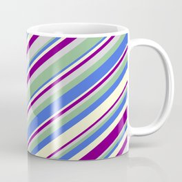 [ Thumbnail: Colorful Light Grey, Dark Sea Green, Royal Blue, Light Yellow & Purple Colored Lined/Striped Pattern Coffee Mug ]