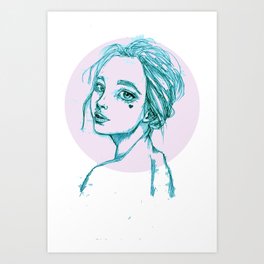 Blue Girl in a Pink Circle Art Print