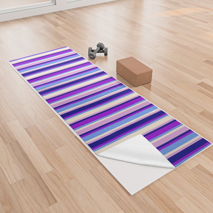 Colorful Blue, Dark Violet, Cornflower Blue, Beige, and Plum Colored Lined Pattern Yoga Towel