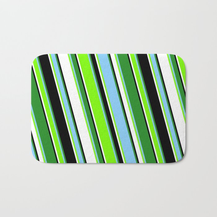 Colorful Forest Green, Light Sky Blue, Green, White, and Black Colored Pattern of Stripes Bath Mat