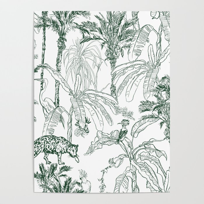 Seamless Pattern Vintage Lithograph Sketch Drawing Wildlife Leopard Animal,  Hoopoe, Cockatoo Parrots and Crane Birds in Banana Palm Trees Jungle  Rainforest Etching Hand Drawn Textile Design Poster by Décor Life