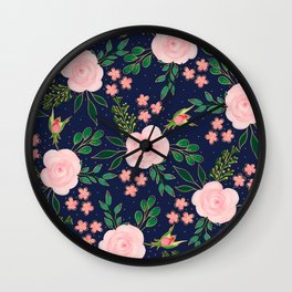 Blue Pink Watercolor Roses Gold Outline Design Wall Clock