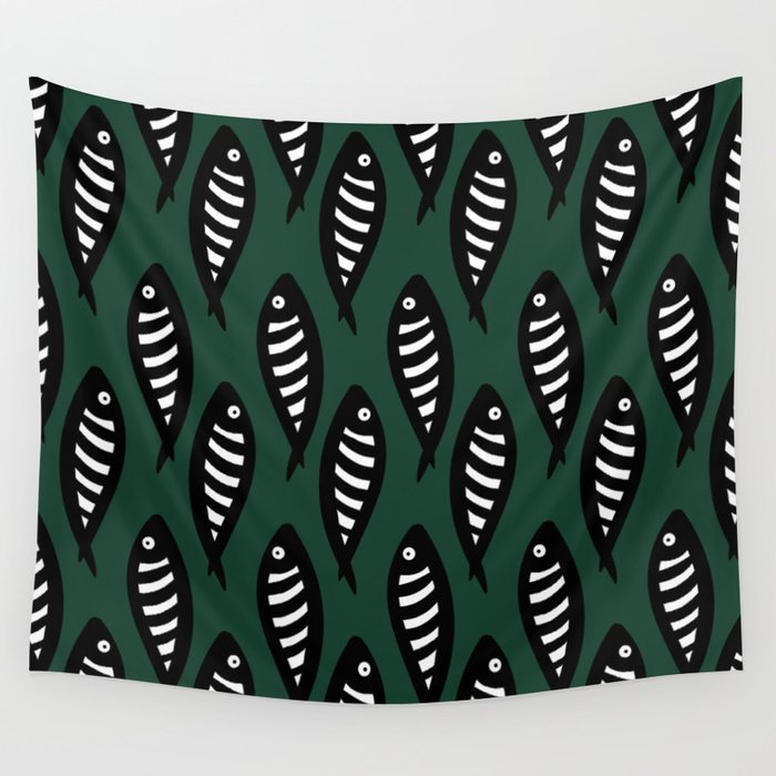 Abstract black and white fish pattern Pine green Wall Tapestry