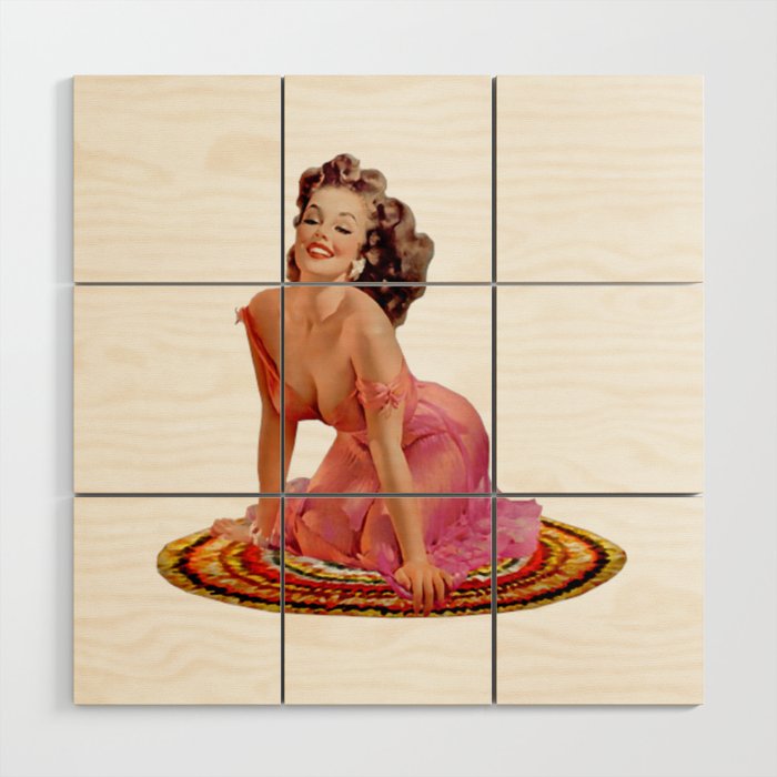 Brunette Pin Up With Pink Dress on Colorful Rug Wood Wall Art