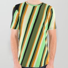 [ Thumbnail: Colorful Dark Orange, Light Yellow, Green, Black, and Dark Olive Green Colored Pattern of Stripes All Over Graphic Tee ]