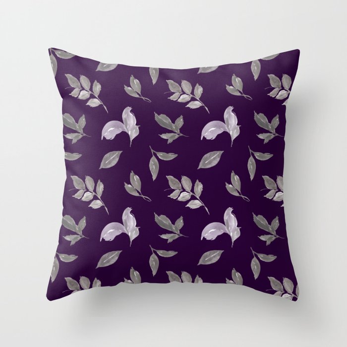 Autumn fall dark purple plum and grey falling leaves pattern Throw Pillow