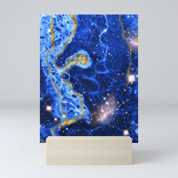Neon marble space #4: blue, gold, stars Mini Art Print