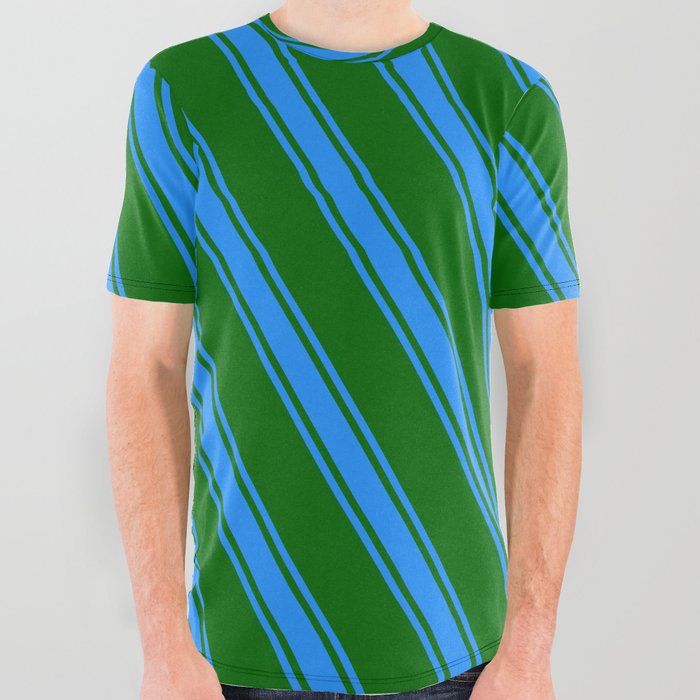 Dark Green and Blue Colored Lines Pattern All Over Graphic Tee