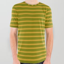[ Thumbnail: Goldenrod & Green Colored Striped Pattern All Over Graphic Tee ]