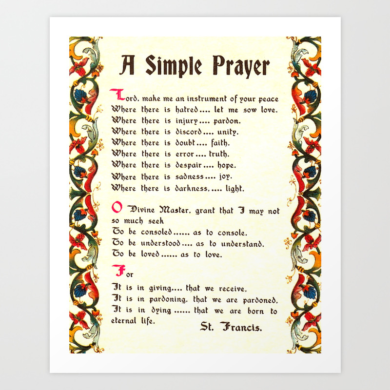 Inspirational Typography Wall Art Simple Peace Prayer St Francis Of Assisi Florentine Design Art Print