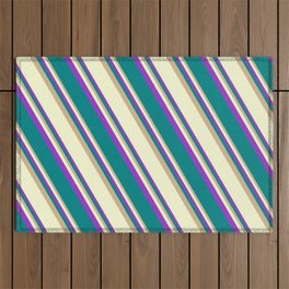 [ Thumbnail: Tan, Light Yellow, Dark Orchid, and Teal Colored Stripes Pattern Outdoor Rug ]