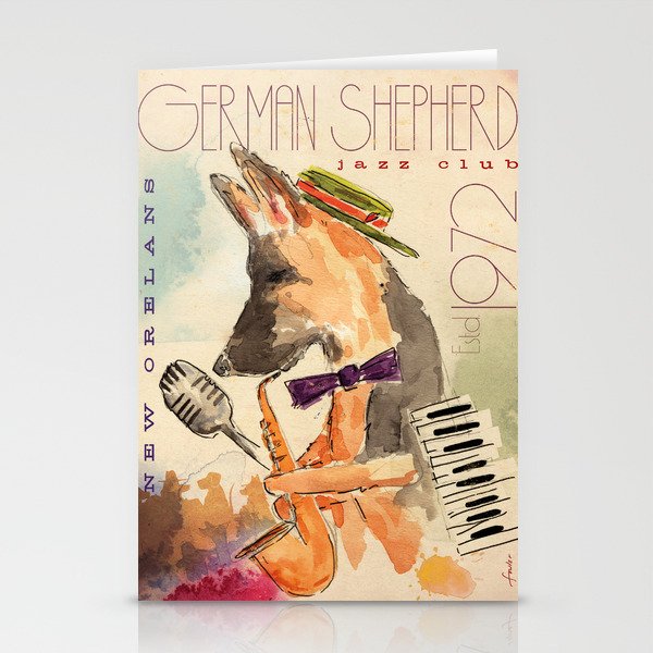 german shepherd dog gsd jazz music poster musician keyboard saxophone art artwork Stationery Cards