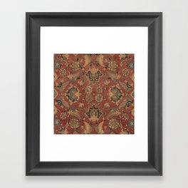 Flowery Boho Rug V // 17th Century Distressed Colorful Red Navy Blue Burlap Tan Ornate Accent Patter Framed Art Print