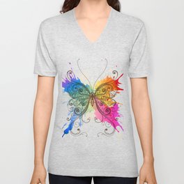 Colorful Butterfly V Neck T Shirt