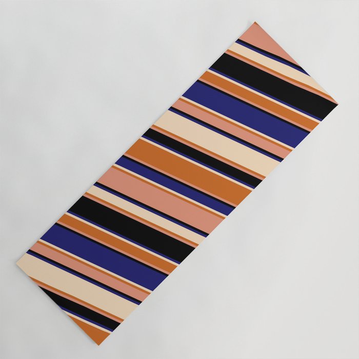 Eyecatching Bisque, Chocolate, Dark Salmon, Black & Midnight Blue Colored Stripes/Lines Pattern Yoga Mat