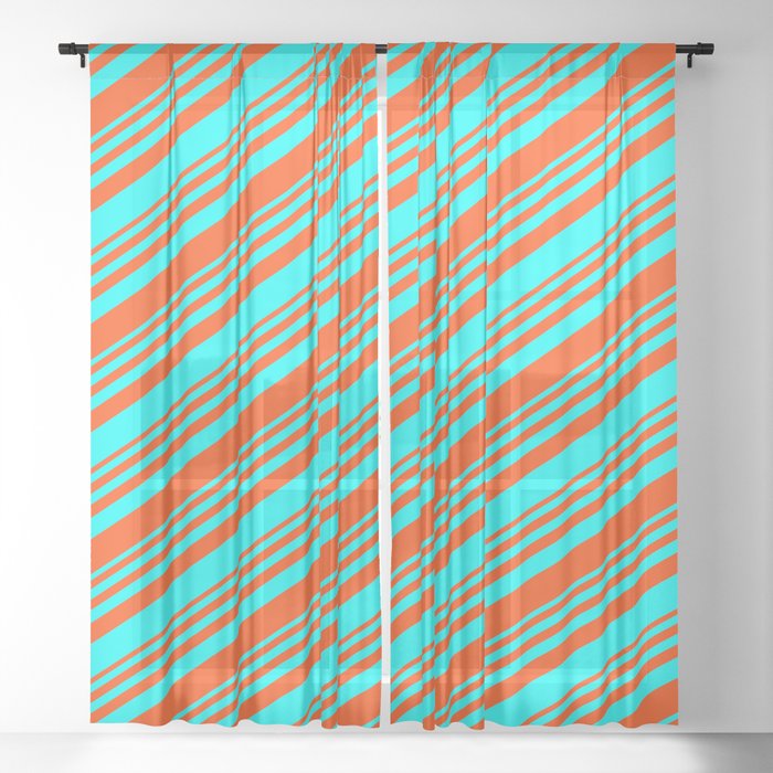 Red & Cyan Colored Lined/Striped Pattern Sheer Curtain