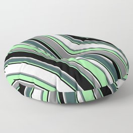 [ Thumbnail: Eye-catching Lavender, Grey, Dark Slate Gray, Green & Black Colored Pattern of Stripes Floor Pillow ]
