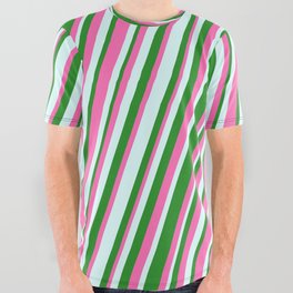 [ Thumbnail: Forest Green, Hot Pink, and Light Cyan Colored Stripes/Lines Pattern All Over Graphic Tee ]