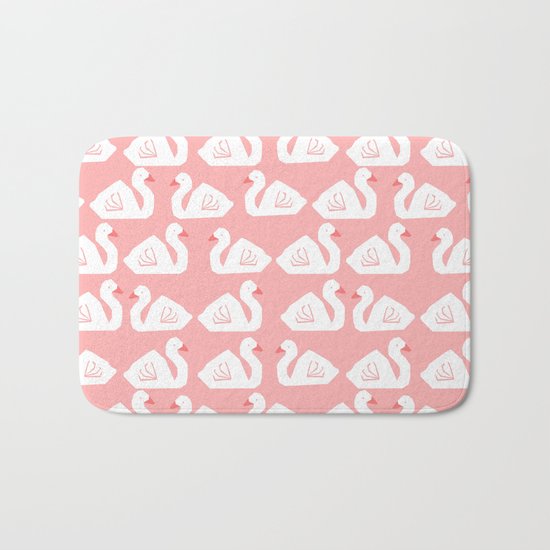 Swan minimal pattern print pink and white bird illustration swans nursery decor Bath Mat