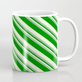 [ Thumbnail: Dark Sea Green, Green & Beige Colored Stripes/Lines Pattern Coffee Mug ]