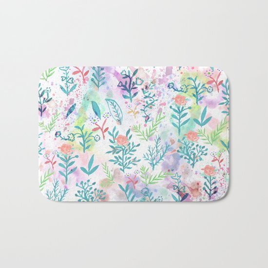 Hand drawn coral pink green watercolor floral Bath Mat