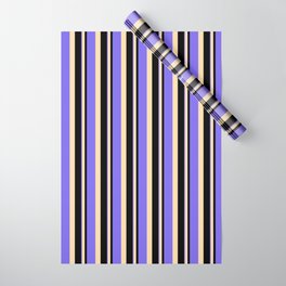 [ Thumbnail: Black, Tan, and Medium Slate Blue Colored Stripes/Lines Pattern Wrapping Paper ]