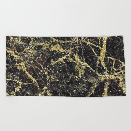Marble - Glittery Gold Marble on Black Design Beach Towel
