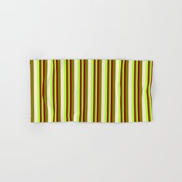 [ Thumbnail: Light Green, Dark Red, Green, and Beige Colored Lines Pattern Hand & Bath Towel ]