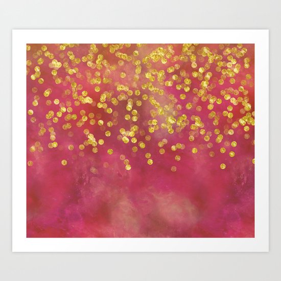 Golden Sparkles on Red Art Print