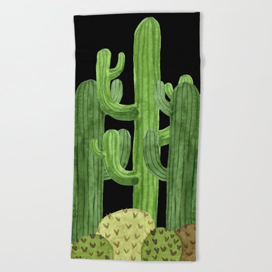 Desert Vacay Three Cacti on Black Beach Towel