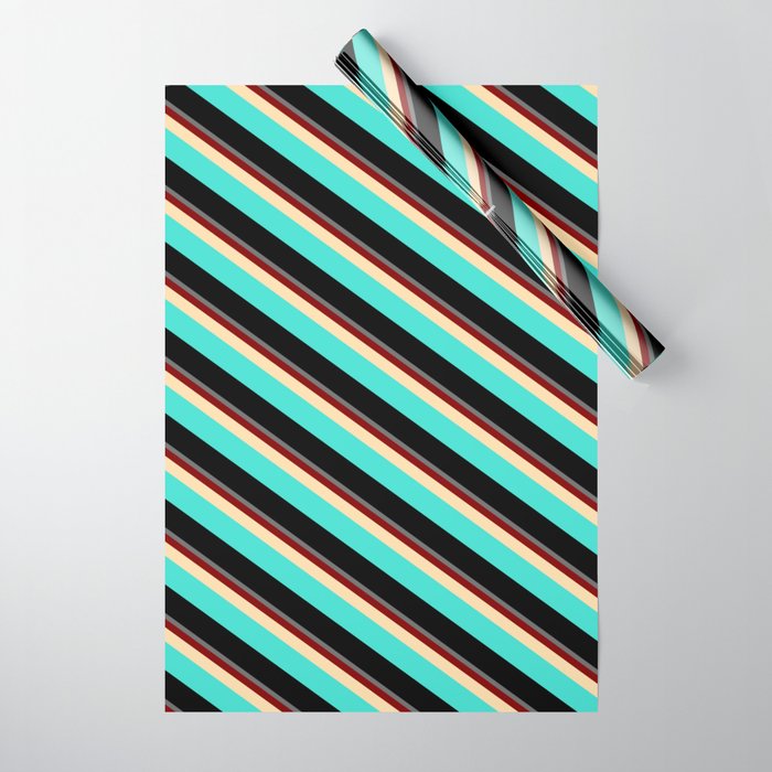Colorful Dim Gray, Maroon, Tan, Turquoise & Black Colored Stripes/Lines Pattern Wrapping Paper