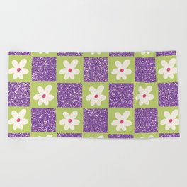 Sprinkle Spring of Daisies - Purple and Green Beach Towel