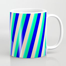 [ Thumbnail: Cyan, Green, Blue & Beige Colored Lined Pattern Coffee Mug ]