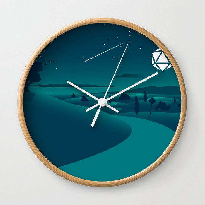 Countryside Road Night Shooting Star D20 Dice Moon Tabletop RPG Landscape Wall Clock