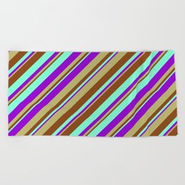 [ Thumbnail: Aquamarine, Dark Violet, Dark Khaki, and Brown Colored Stripes/Lines Pattern Beach Towel ]