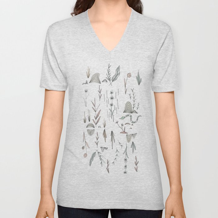 Abstract Woodland Pen and Ink and Watercolor Illustration V Neck T Shirt