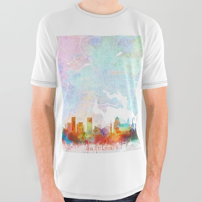 Baltimore Skyline Map Watercolor, Print by Zouzounio Art All Over Graphic Tee