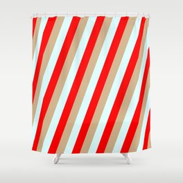 [ Thumbnail: Tan, Light Cyan, and Red Colored Stripes Pattern Shower Curtain ]