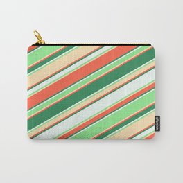 [ Thumbnail: Colorful Red, Sea Green, Mint Cream, Light Green & Beige Colored Lined/Striped Pattern Carry-All Pouch ]