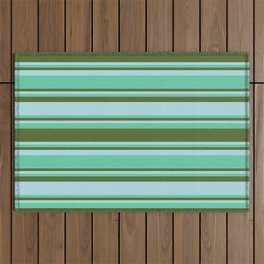 [ Thumbnail: Aquamarine, Dark Olive Green, and Powder Blue Colored Stripes/Lines Pattern Outdoor Rug ]