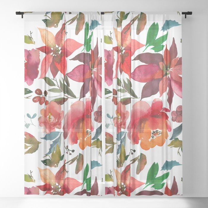 Hand Painted Lush Watercolor Roses Pattern Sheer Curtain
