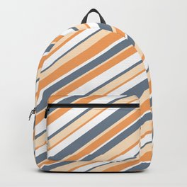 [ Thumbnail: Slate Gray, Bisque, Brown & White Colored Stripes/Lines Pattern Backpack ]