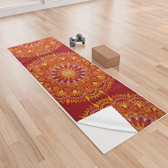 Warm Cinnamon Red Mandala with Golden Glow  Yoga Towel